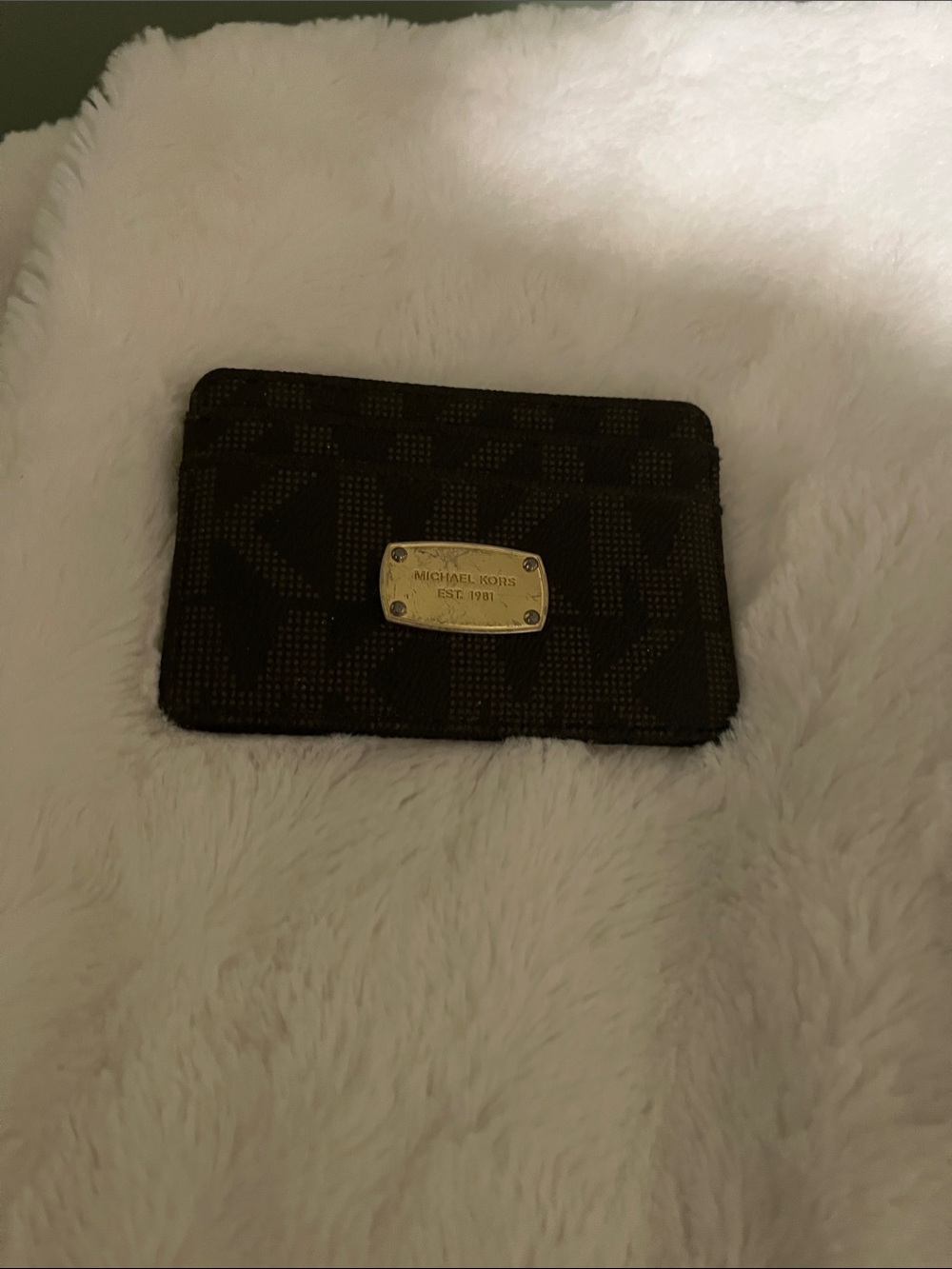 Michael Kors Dark Brown Signature Card Case with Gold Plaque